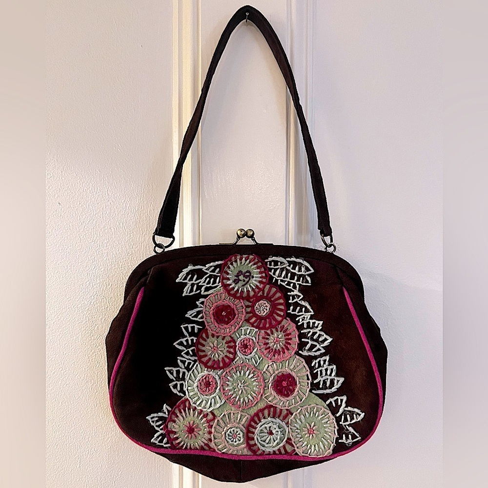 Vintage Lulu Guinness 30's Flower Daphne ultra suede pocketbook excellent condit